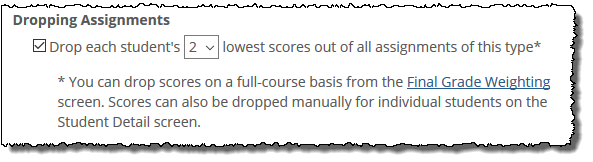 Dropping Assignments field showing checkbox and drop-down list.