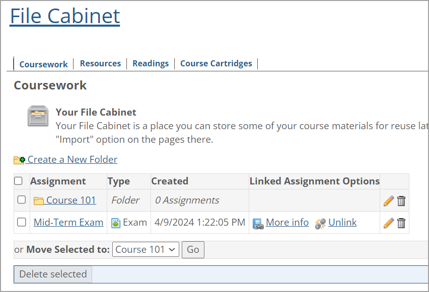 File Cabinet displaying Coursework tab.