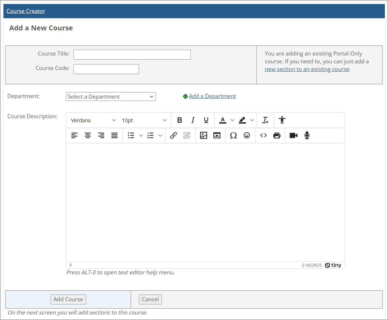 ​Add a New Course ​​screen