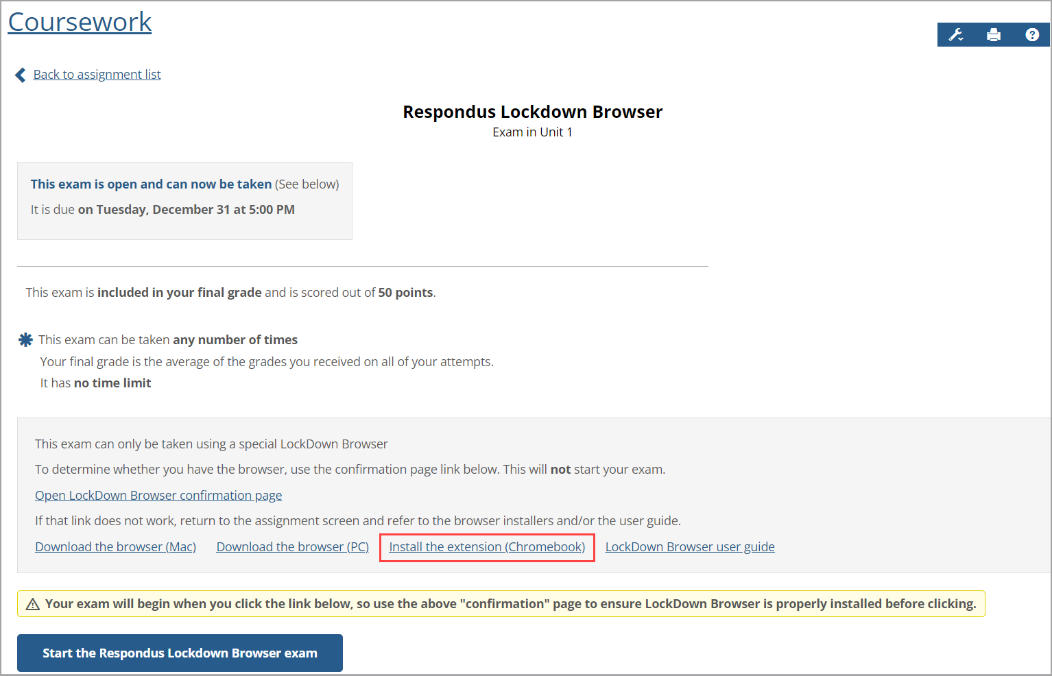 Respondus Lockdown Browser screen showing the "Install the extension (Chromebook)" link.