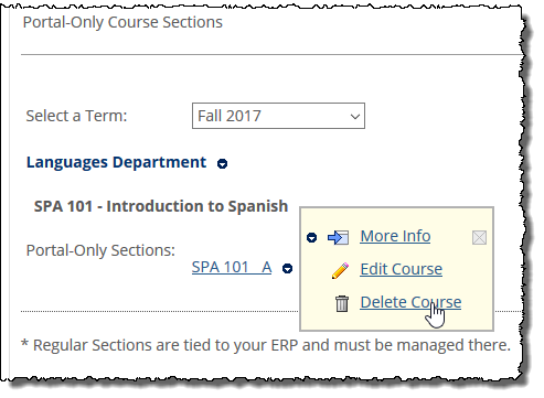 Pop-up menu showing Delete Course option.