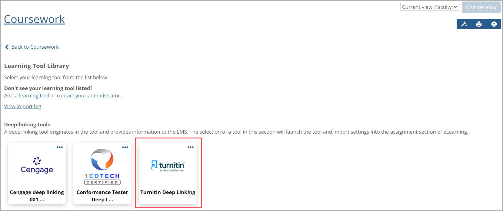 Learning Tool Library showing Deep-linking tools section--select Turnitin Deep Linking.