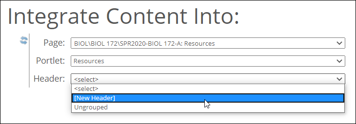 Integrate Content Into area showing Header drop-down list.