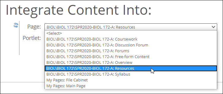 Integrate Content Into area showing Page drop-down list.
