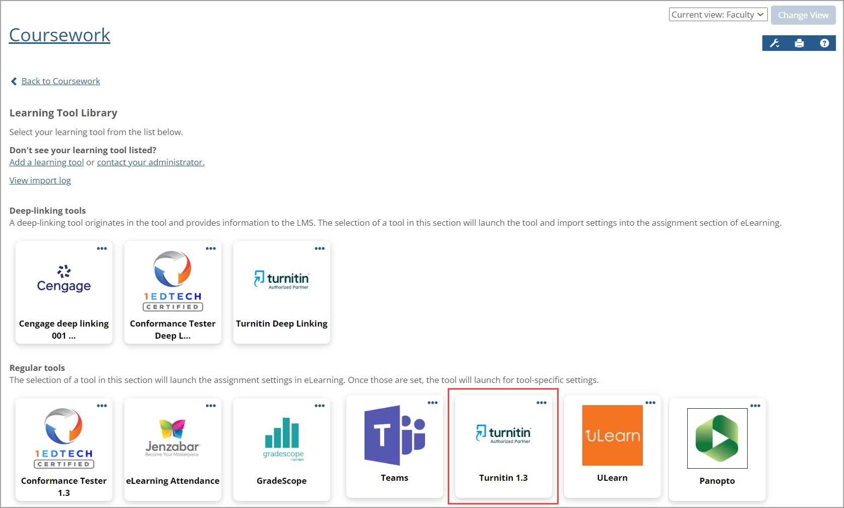 Learning Tool Library screen shows Turnitin 1.3 tool in Regular tools section.