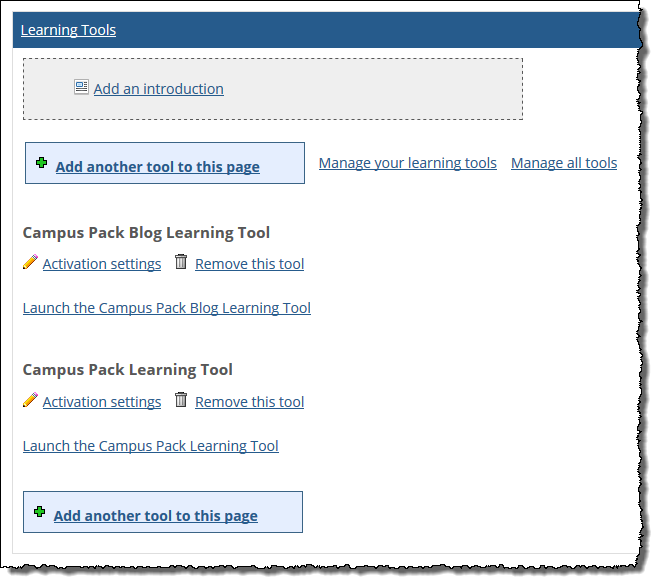 View of Learning Tools screen for Administrators and Faculty