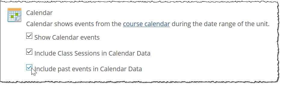 Include past events in Calendar Data checkbox (checked)