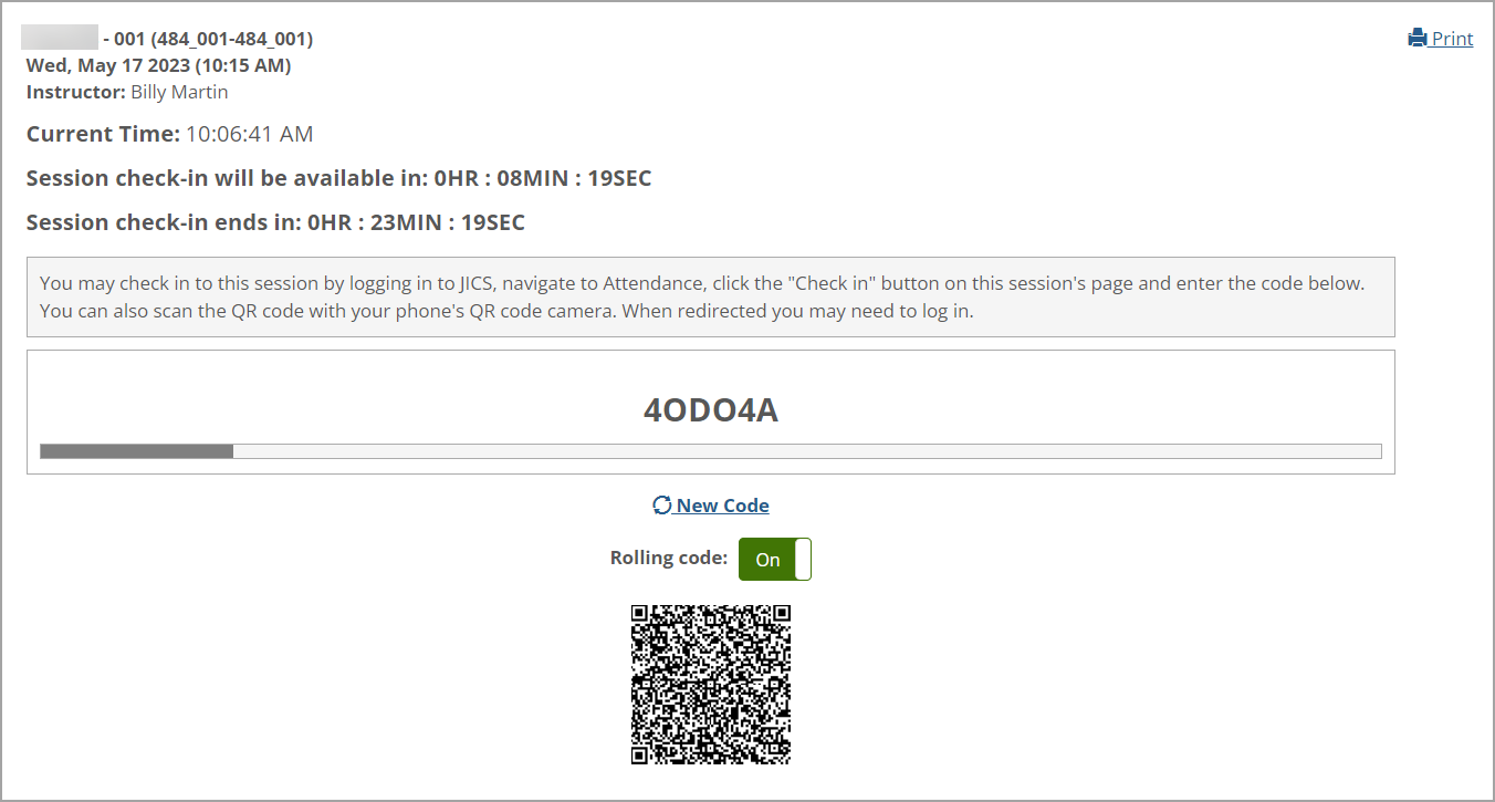 Status check-in shows Rolling code set to On.