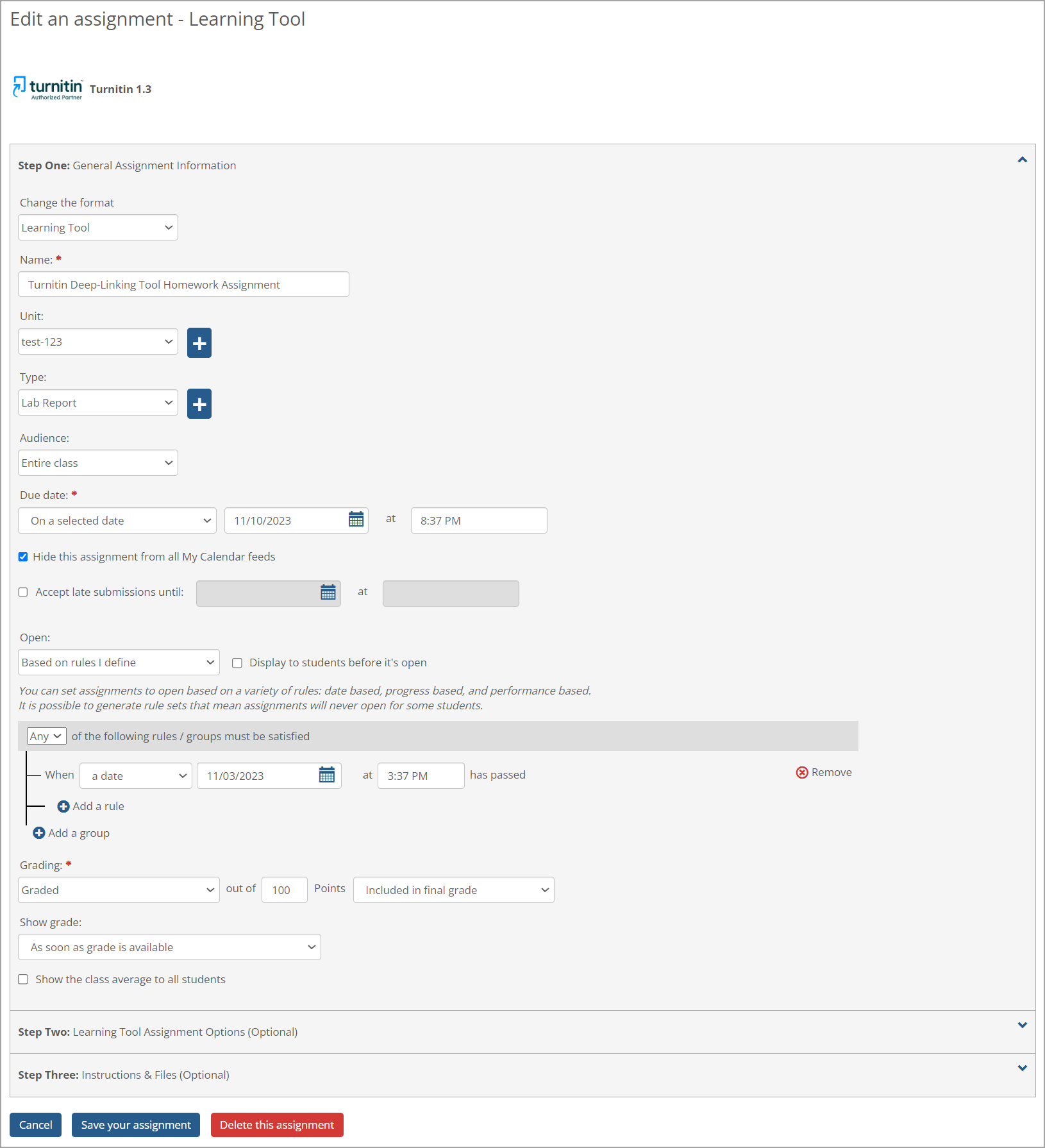 Edit an assignment - Learning Tool for Deep-linking assignment screen