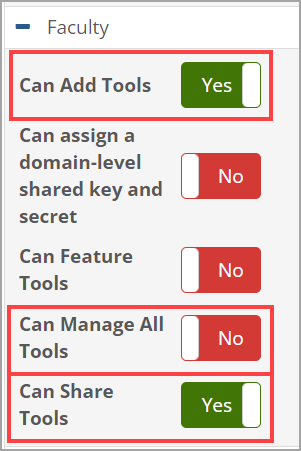 Permissions for Faculty role for Learning Tools portlet (Global portlet operations)