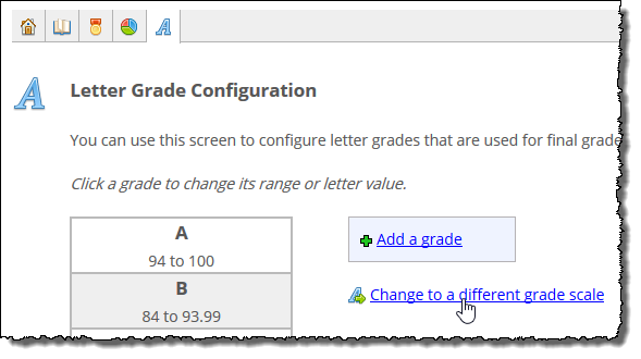Letter-grade configuration screen showing Change to a different grade scale link.