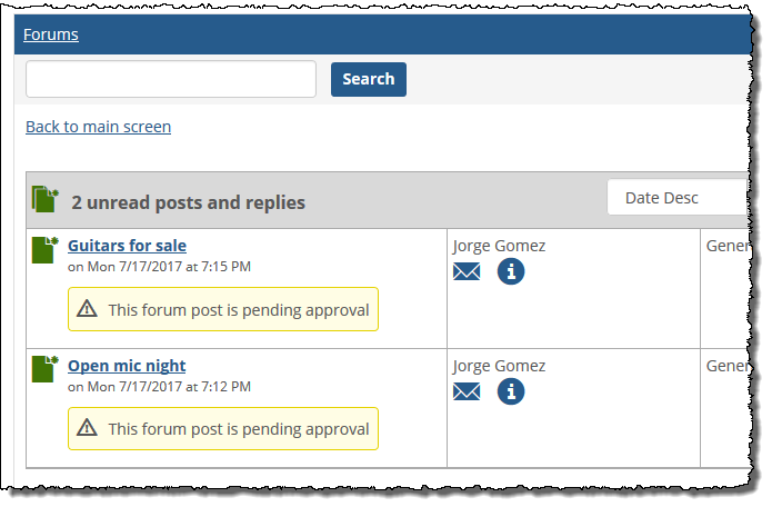 Posts list with pending approval items flagged and highlighted in yellow.