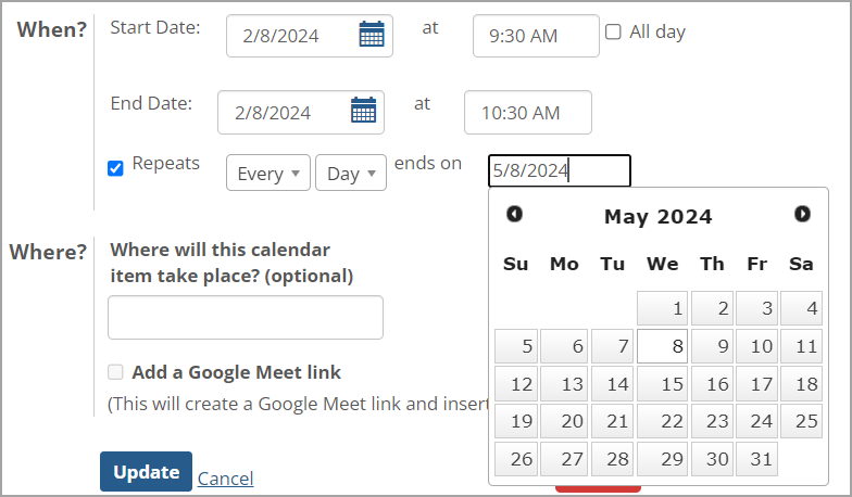 End date selected on calendar.