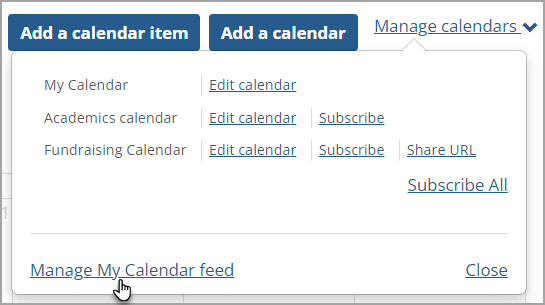 Click Manage My Calendar feed link on the Manage calendars drop-down list.