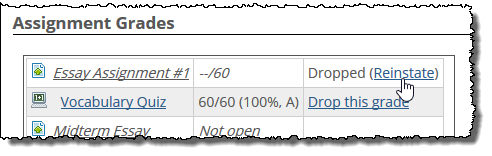 Assignment Grades list shows Reinstate link.