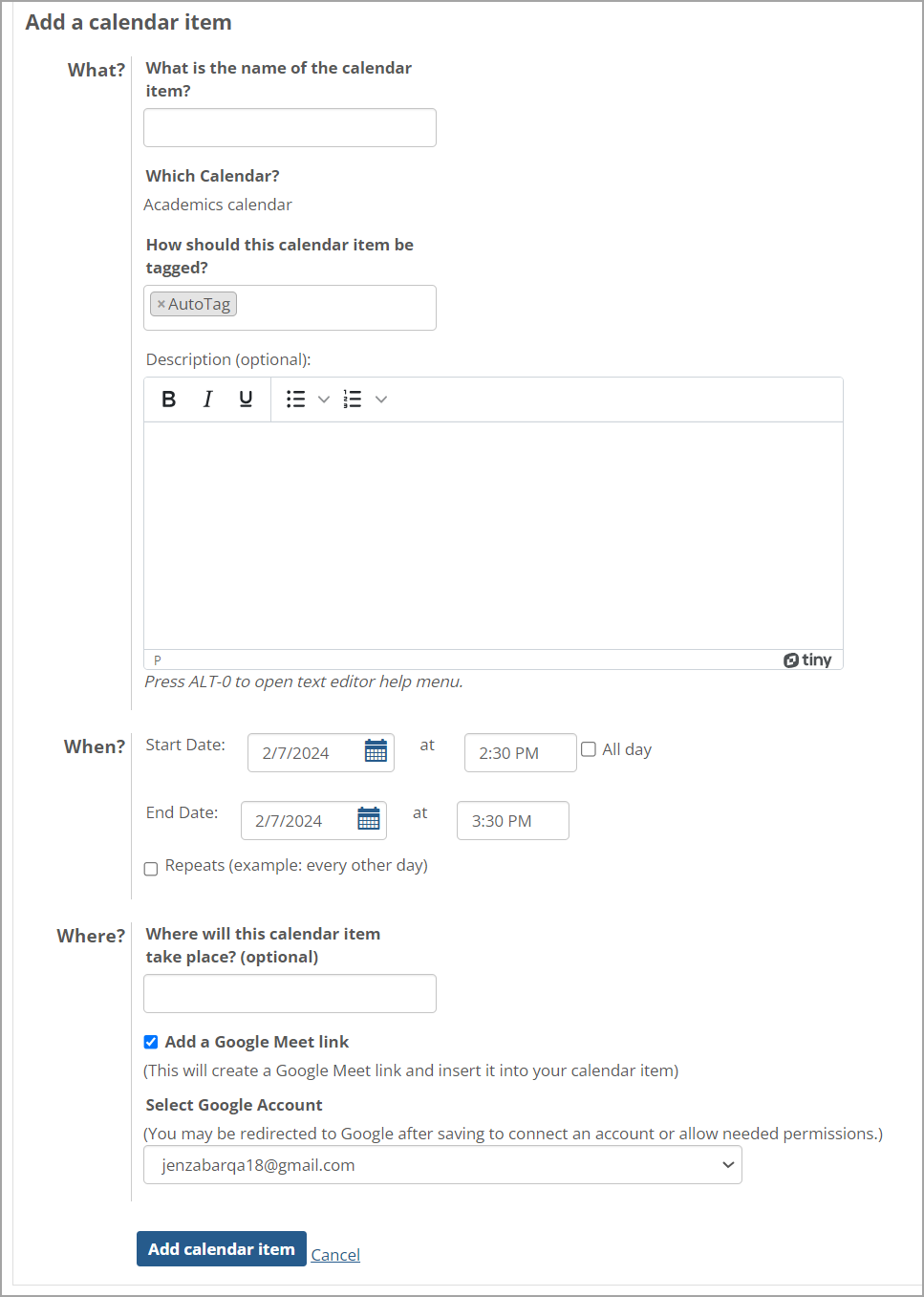 Add a calendar item screen showing attributes.