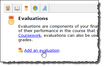 Evaluations screen showing the Add an evaluation link.