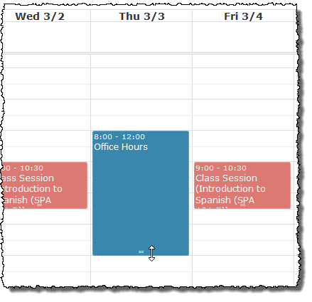 Click and drag bottom edge of calendar item.