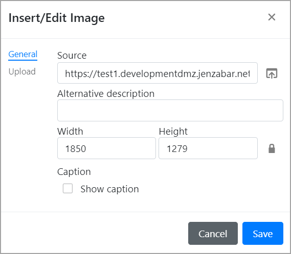 Insert-Edit Image pop-up window with filename shown in Source field.