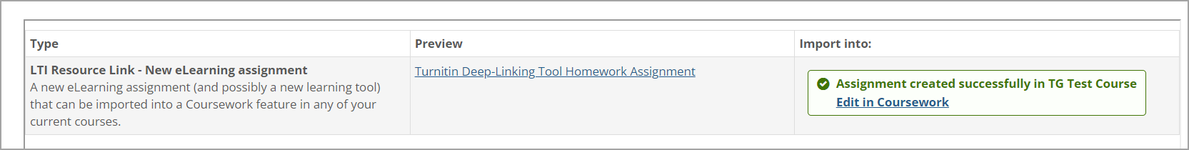 Assignment created successfully message in Import into column