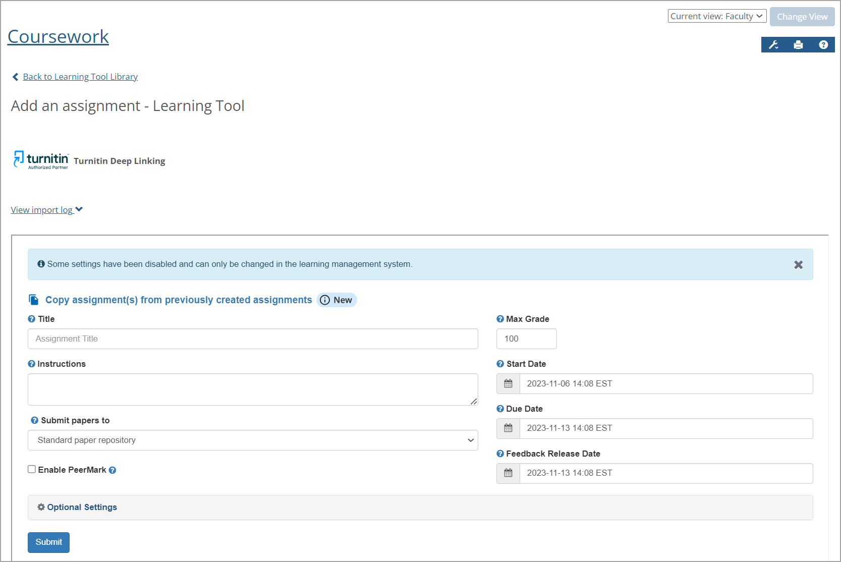 Add an assignment - Learning Tool for Deep-linking page.