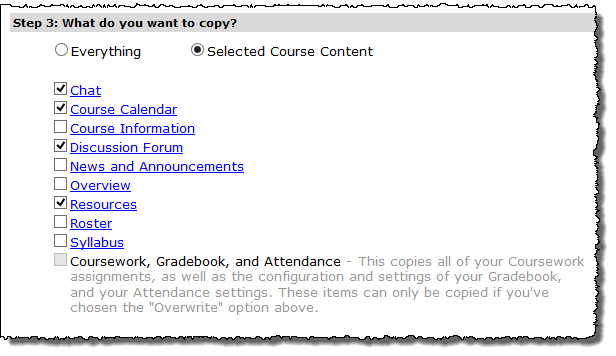 Step 3: What do you want to copy? Selected Course Content radio button chosen, subsections shown.