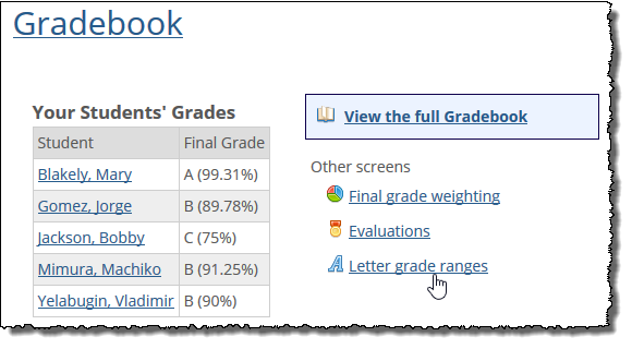 Gradebook home screen showing Letter grade ranges link.