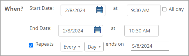 Select Repeats checkbox to display recurring options.