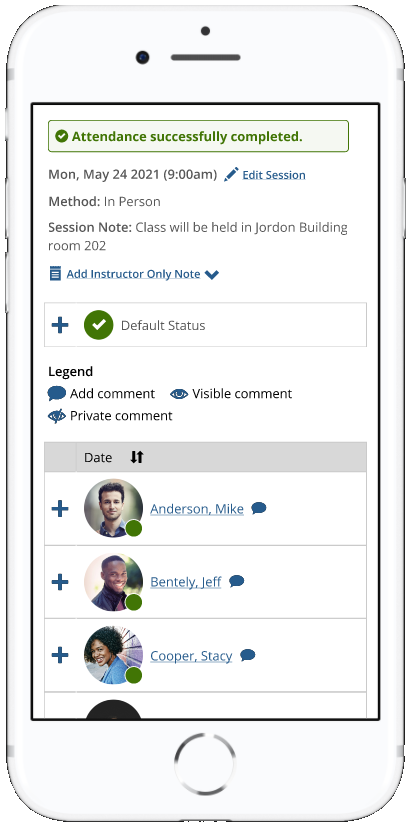 Attendance screen on mobile device