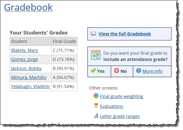 Gradebook home screen