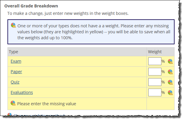 The Final Grade Weighting shows all types defined for the course section.