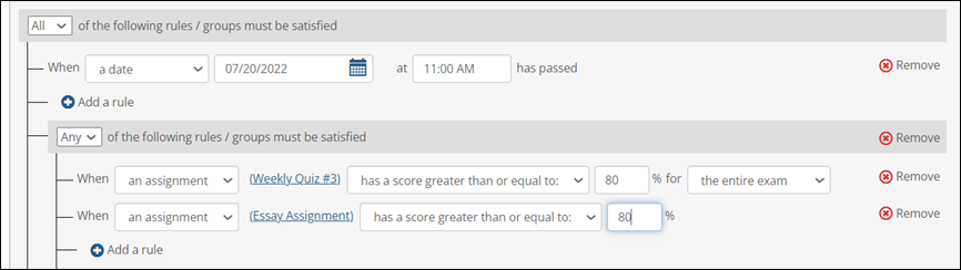 Screen to define rule and group of rules