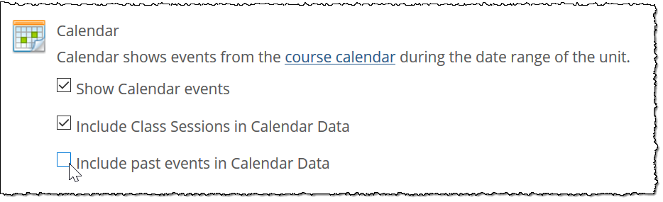 Include past events in Calendar Data checkbox (unchecked)