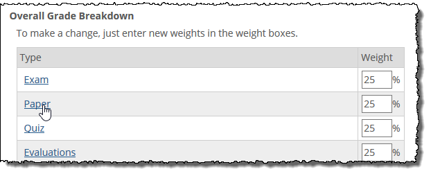 Final Grade Weighting screen showing Types and Weights.