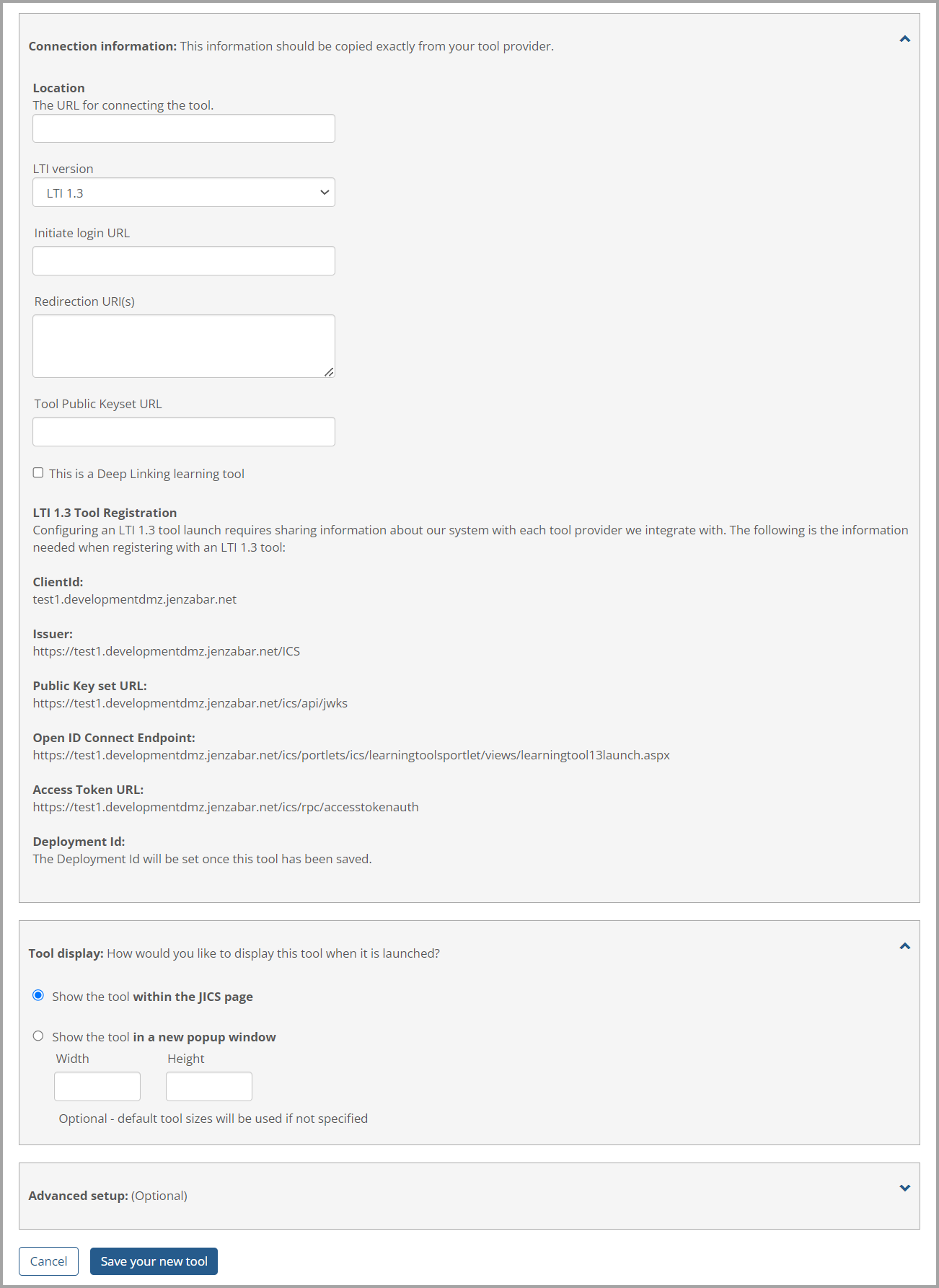 Connection information, Tool Display & Advanced setup sections on Learning Tool Configuration screen
