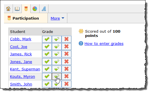 Participation screen showing a list of students and their grades.