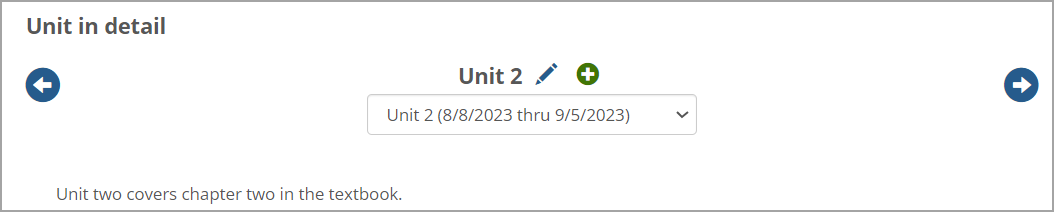 Click a green arrow on the left (previous) or right (next) to go to a different unit.