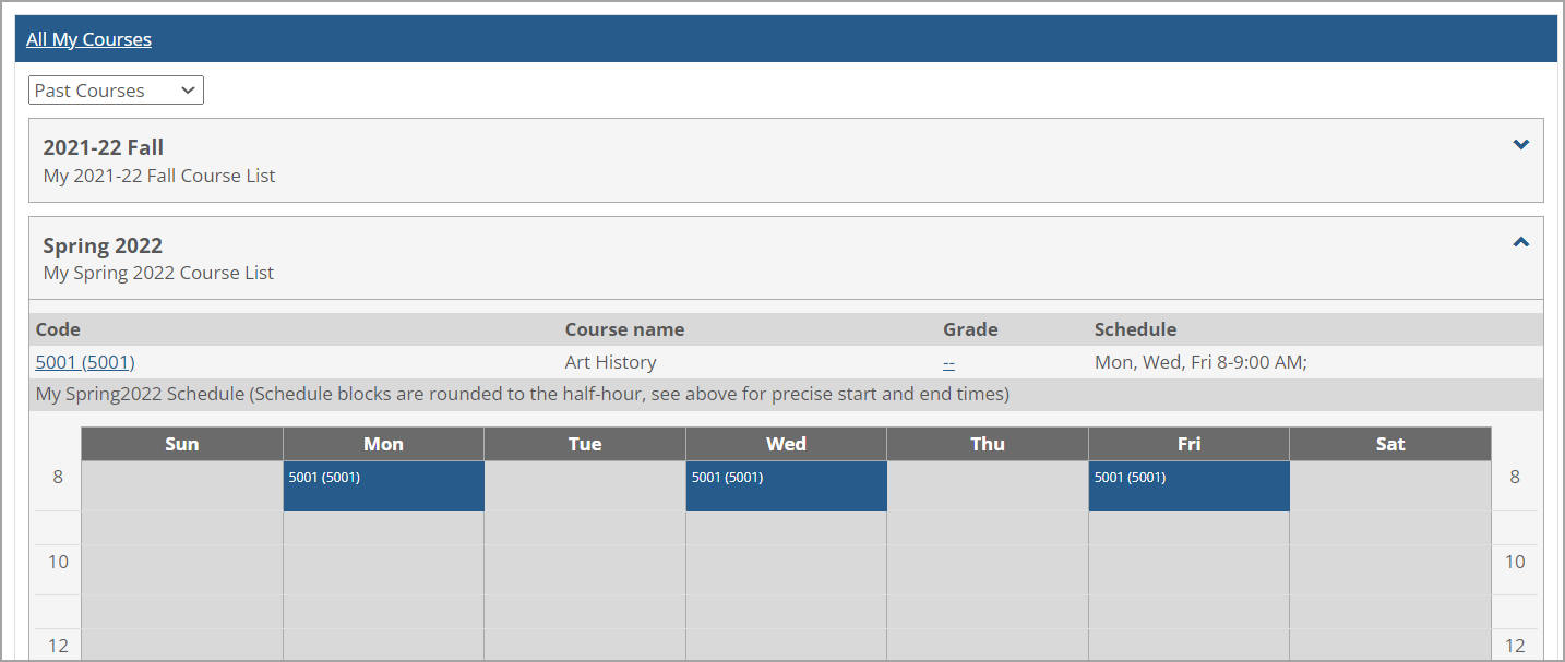 Maximized view of All My Courses