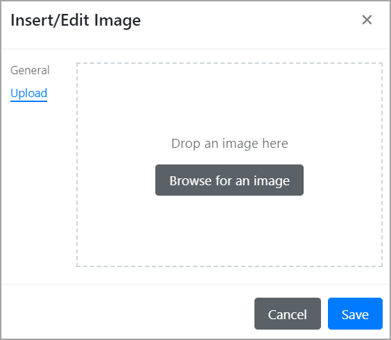 Insert-Edit Image pop-up window with options to drop or browse for an image