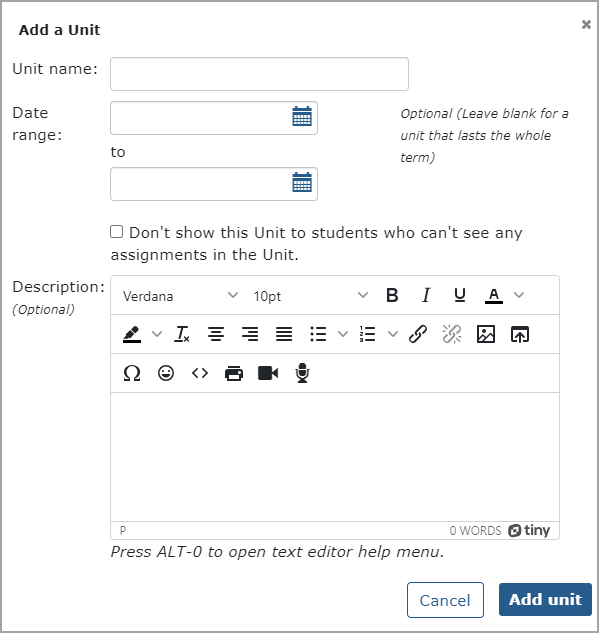 Add a Unit pop-up window