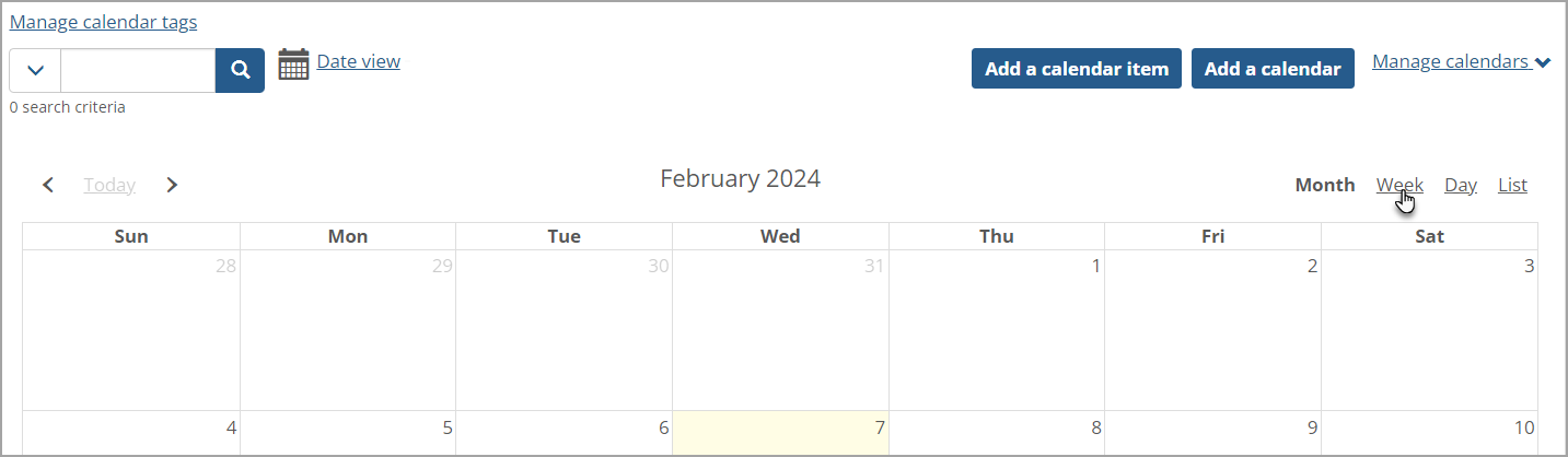 Default Month view of Calendar can be changed to Week, Day, or List. Date view is also available.