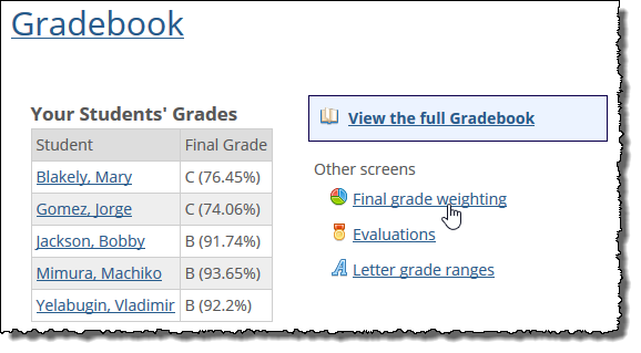 Gradebook home screen showing Final grade weighting link.