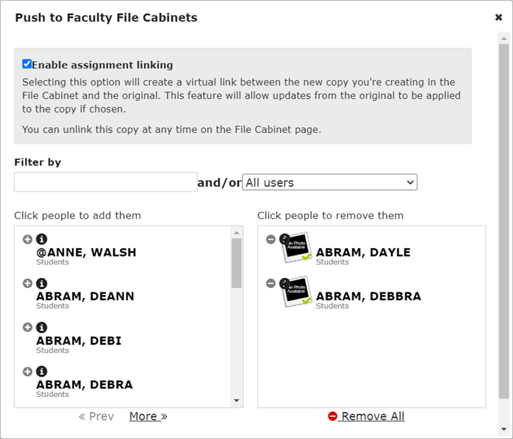 Push to Faculty File Cabinets screen