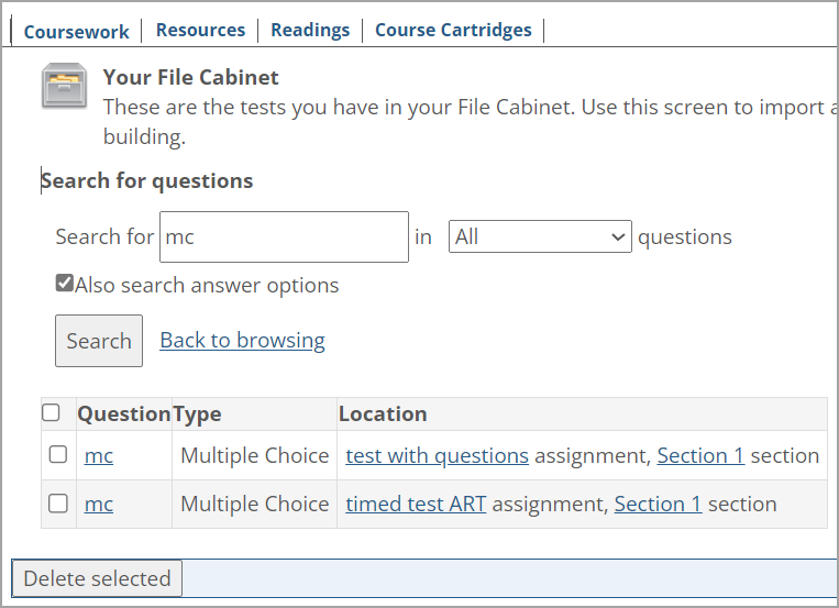 Coursework tab displaying search results.