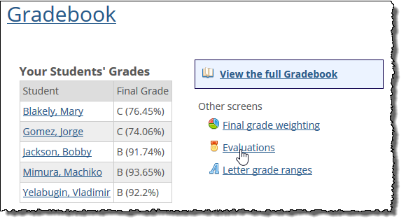 Gradebook home screen showing Evaluations link.