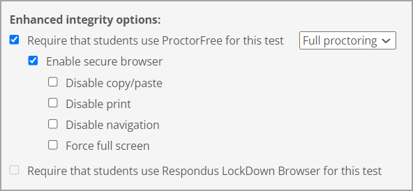 Enhanced integrity options with Enable secure browser selected.