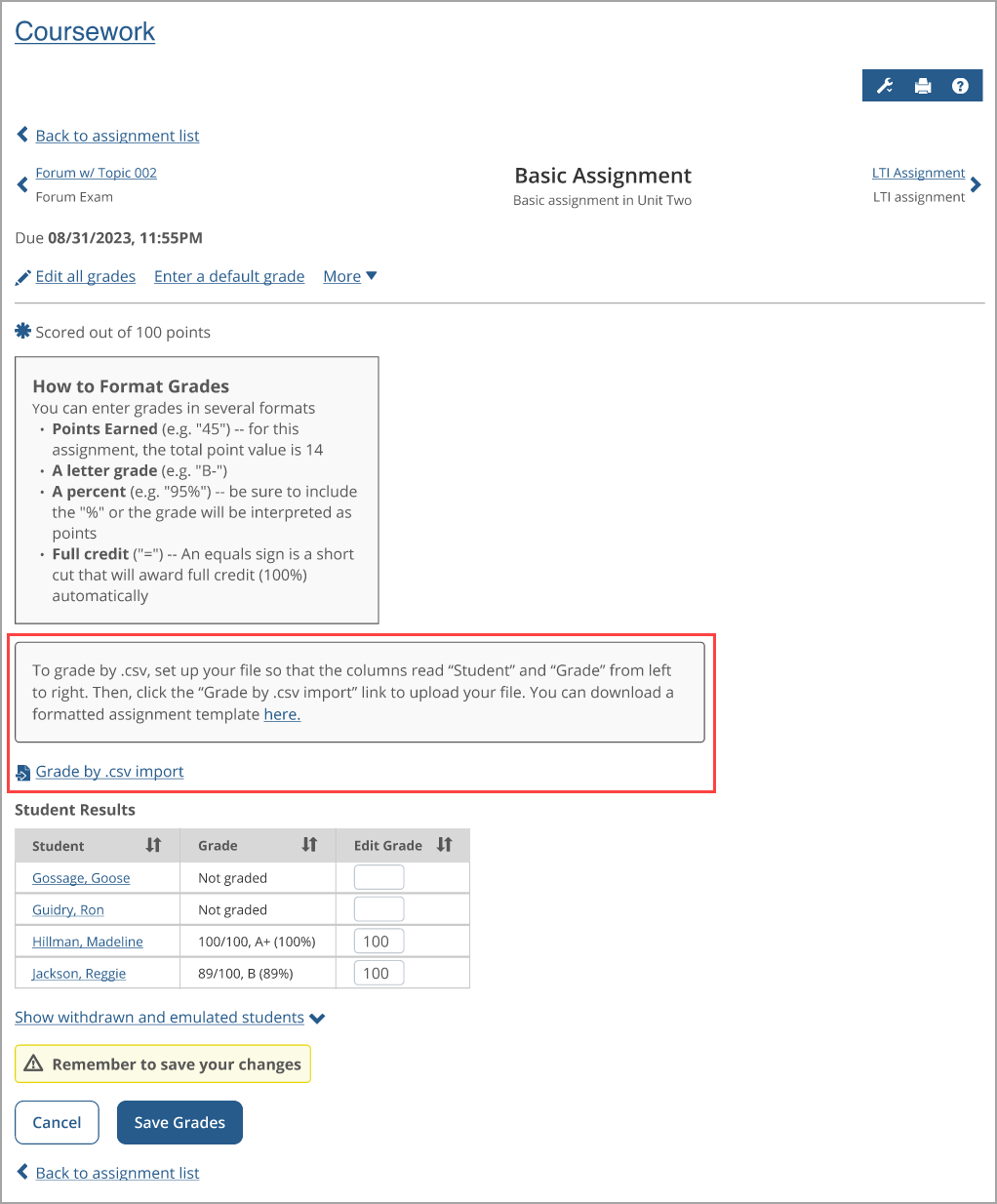Grade by .csv import link and instructions on assignment screen.