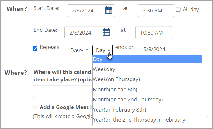 Day drop-down list displays options.