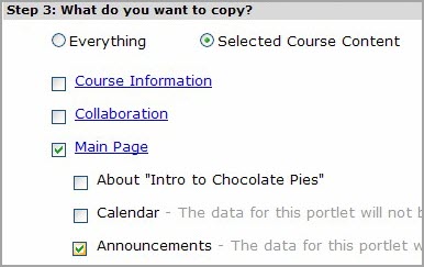Step 3: What do you want to copy? Selected Course Content radio button chosen, Main Page and Announcements selected.