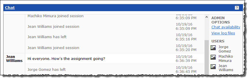 Chat screen showing View log files link on top right.